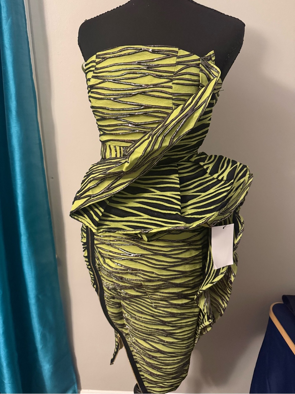 Strapless Zebra-Print Peplum Dress in Neon Lime